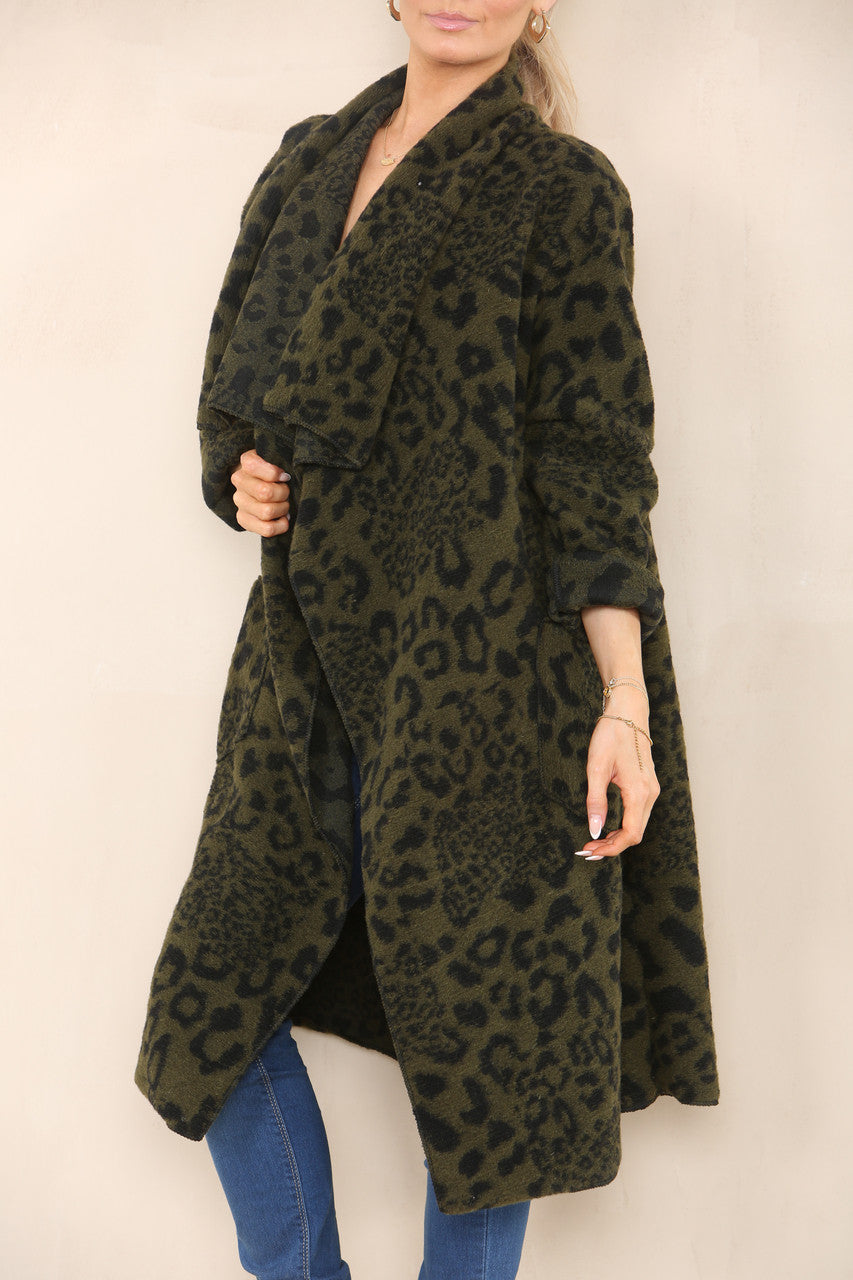 LEOPARD PRINT WOOL COAT JACKET KHAKI