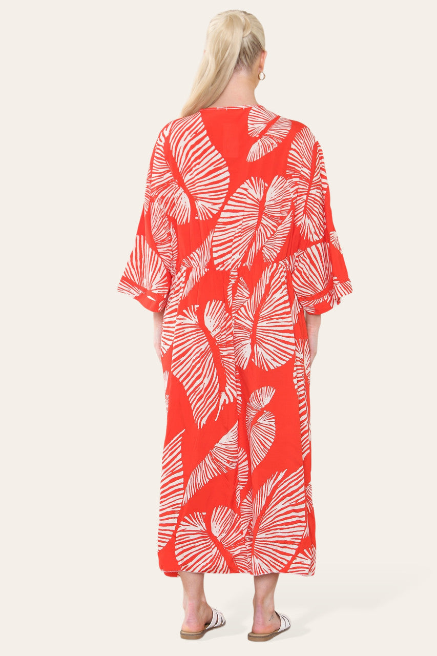 MAXIJURK MET PALMBLAADPRINT ROOD