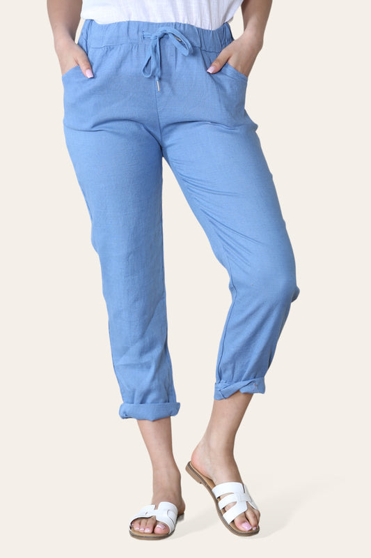 BROEK VAN KATOEN-LINNENMIX MET TOELOPENDE PIJP DENIM