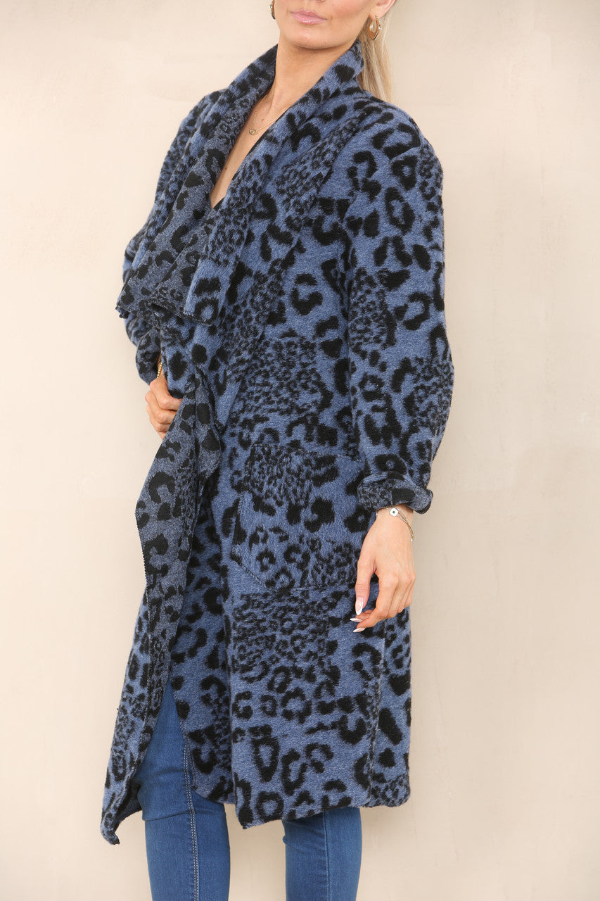 LEOPARD PRINT WOOL COAT JACKET DENIM