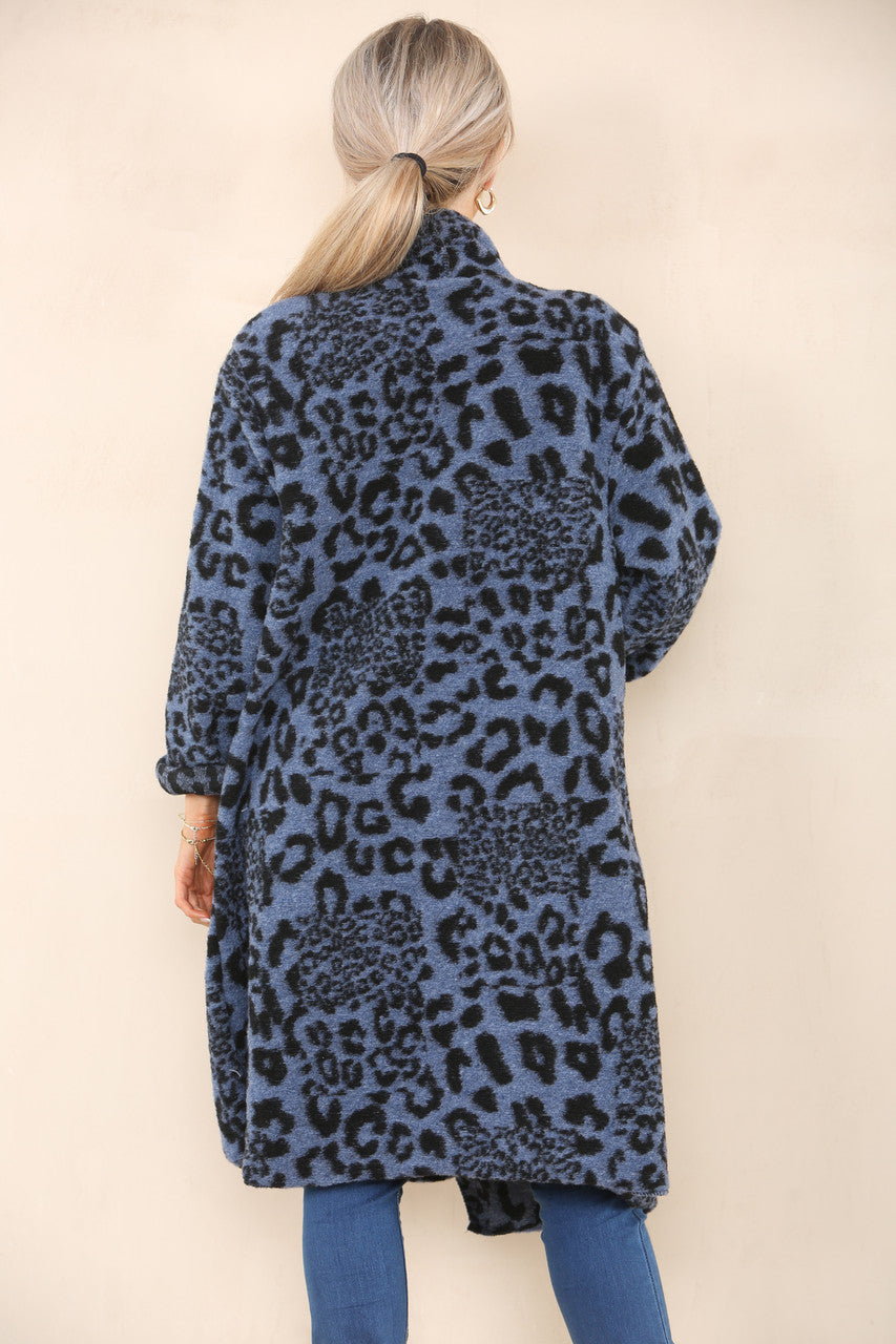 LEOPARD PRINT WOOL COAT JACKET DENIM