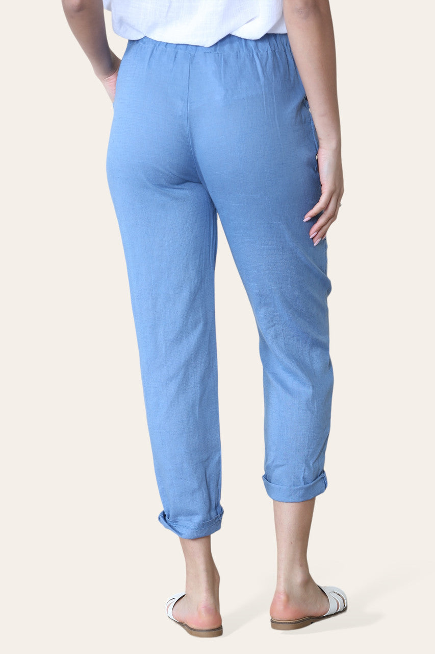 BROEK VAN KATOEN-LINNENMIX MET TOELOPENDE PIJP DENIM