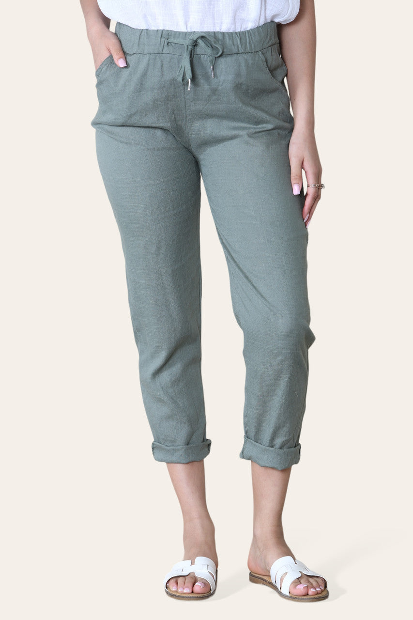 TAPERED LEG COTTON LINEN MIX TROUSERS KHAKI