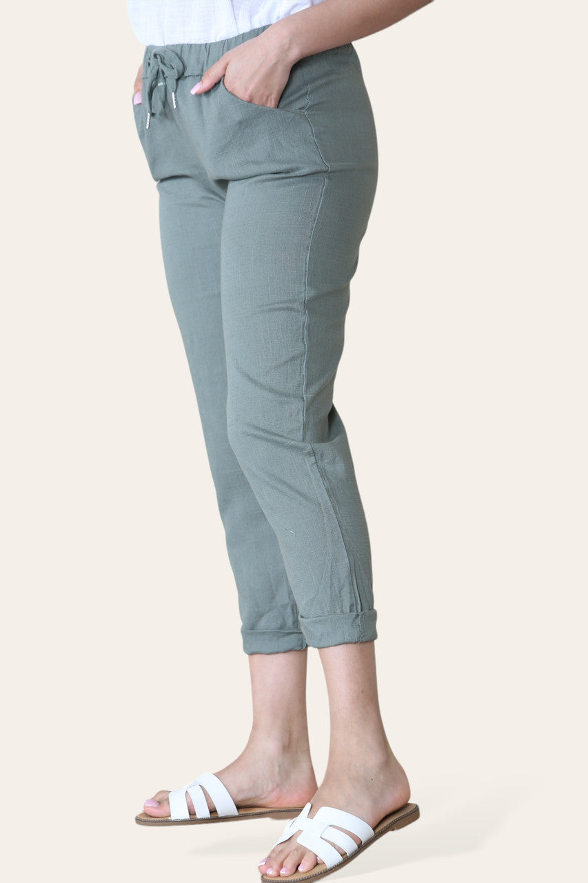 TAPERED LEG COTTON LINEN MIX TROUSERS KHAKI