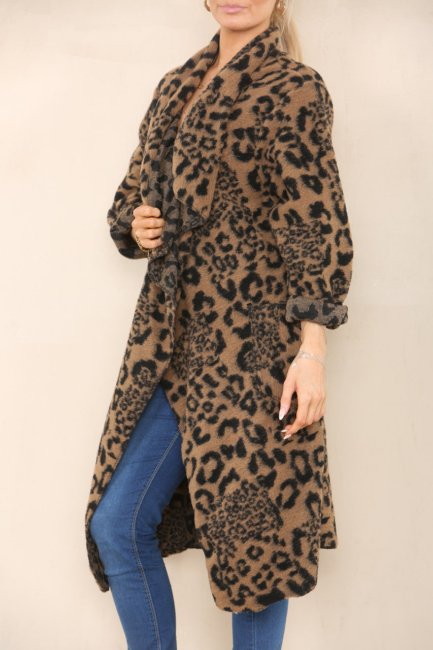 LEOPARD PRINT WOOL COAT JACKET TAUPE