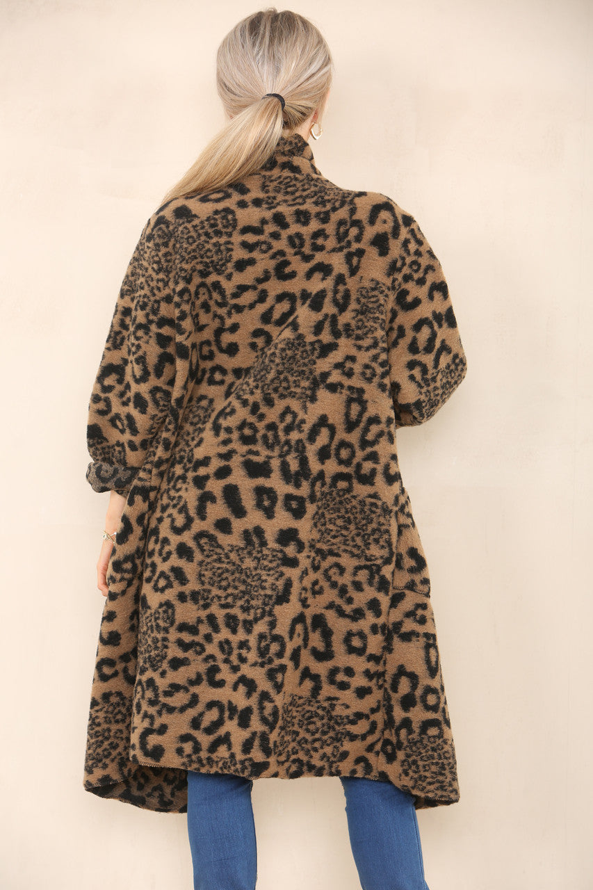 LEOPARD PRINT WOOL COAT JACKET TAUPE