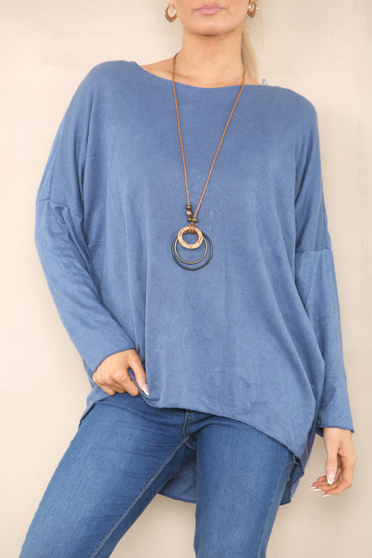 PLAIN DROP SLEEVE FINE KNIT JUMPER DENIM