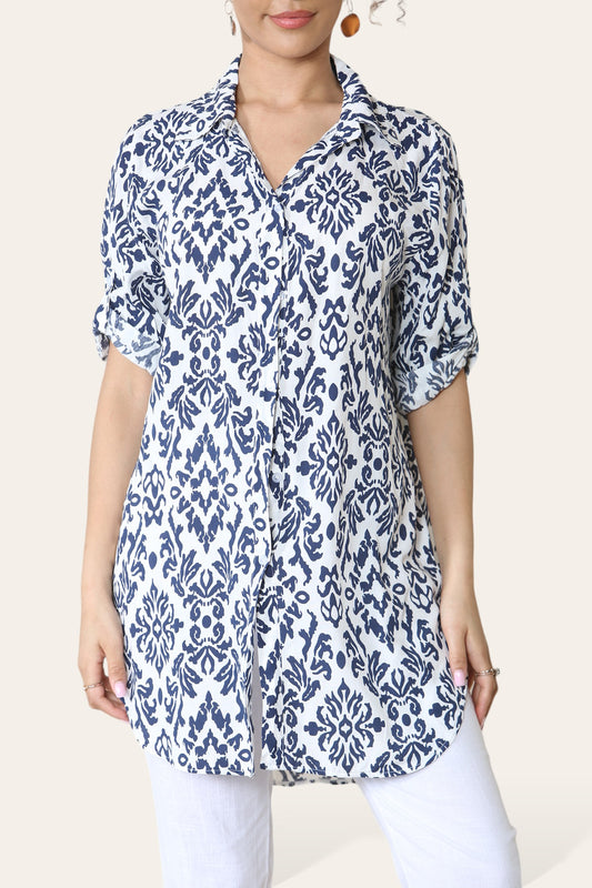 BAROQUE PRINT LONGLINE BLOUSE NAVY