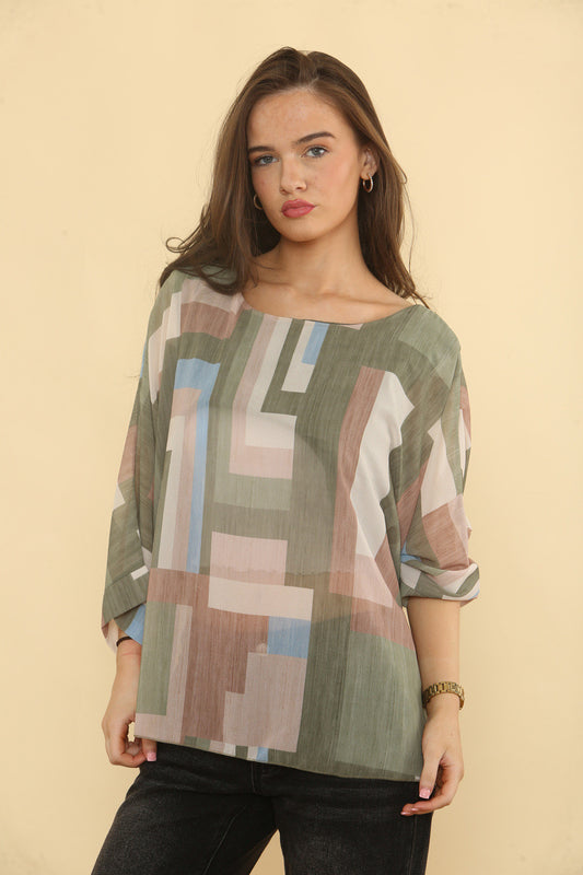 GEOMETRIC ABSTRACT PRINT BLOUSE - KHAKI