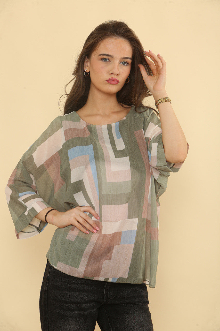 GEOMETRISCHE ABSTRACTE PRINT BLOUSE - KHAKI