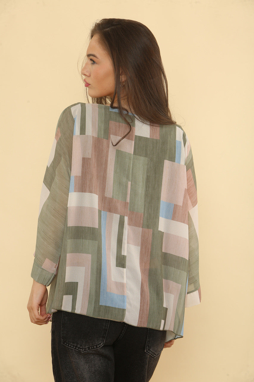 GEOMETRISCHE ABSTRACTE PRINT BLOUSE - KHAKI