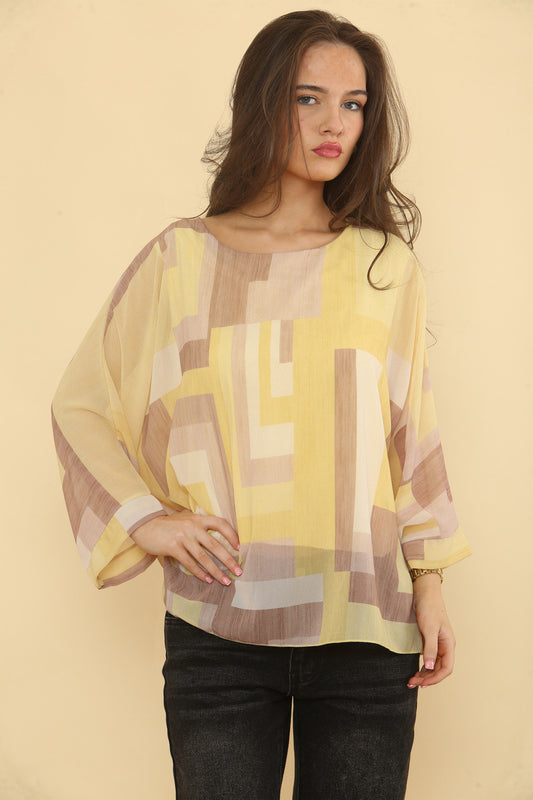 GEOMETRIC ABSTRACT PRINT BLOUSE - LEMON