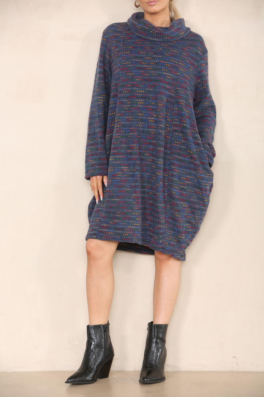 MULTICOLOURED KNIT COWL NECK TUNIC TOP DRESS DENIM
