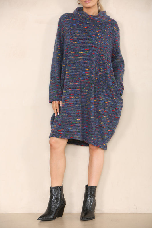 MULTICOLOR GEBREIDE COWL NECK TUNIEK TOP JURK DENIM