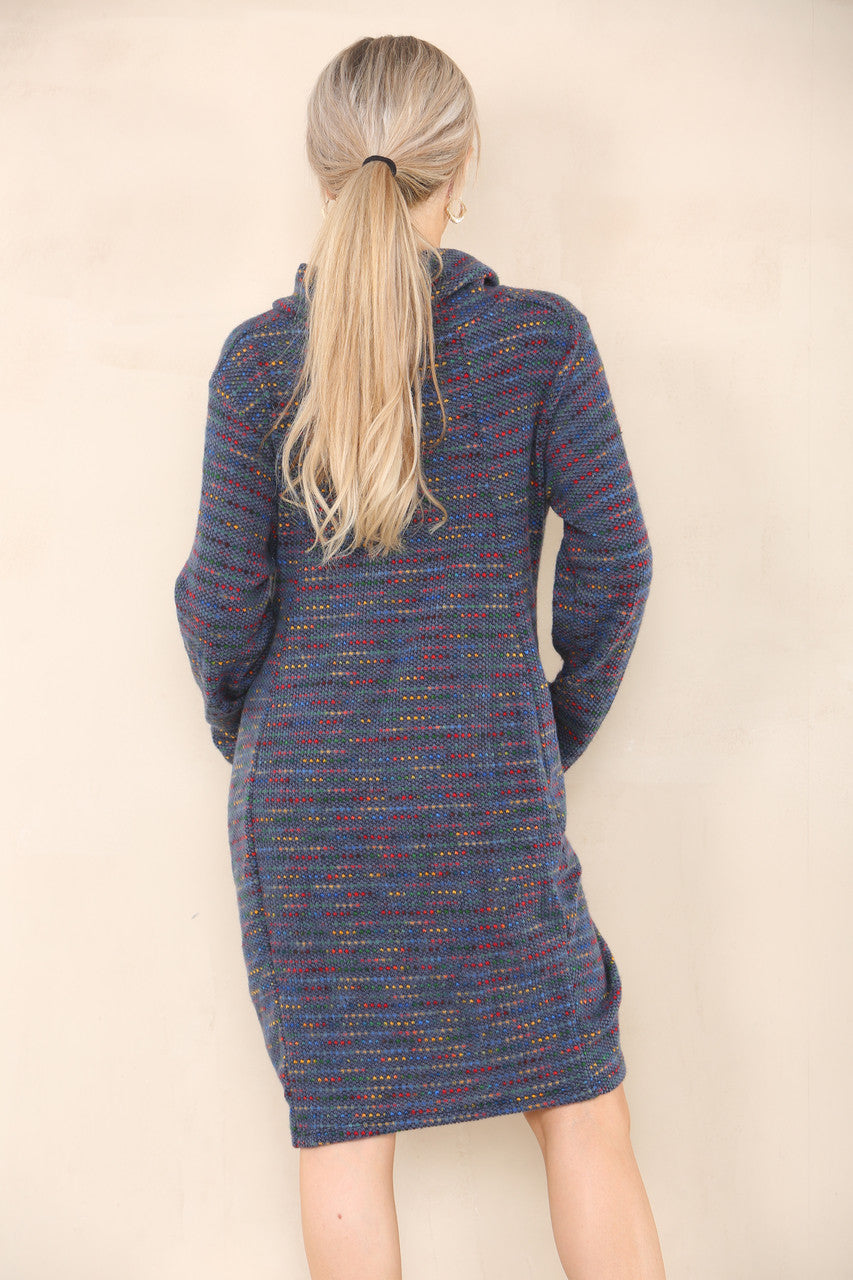 MULTICOLOURED KNIT COWL NECK TUNIC TOP DRESS DENIM