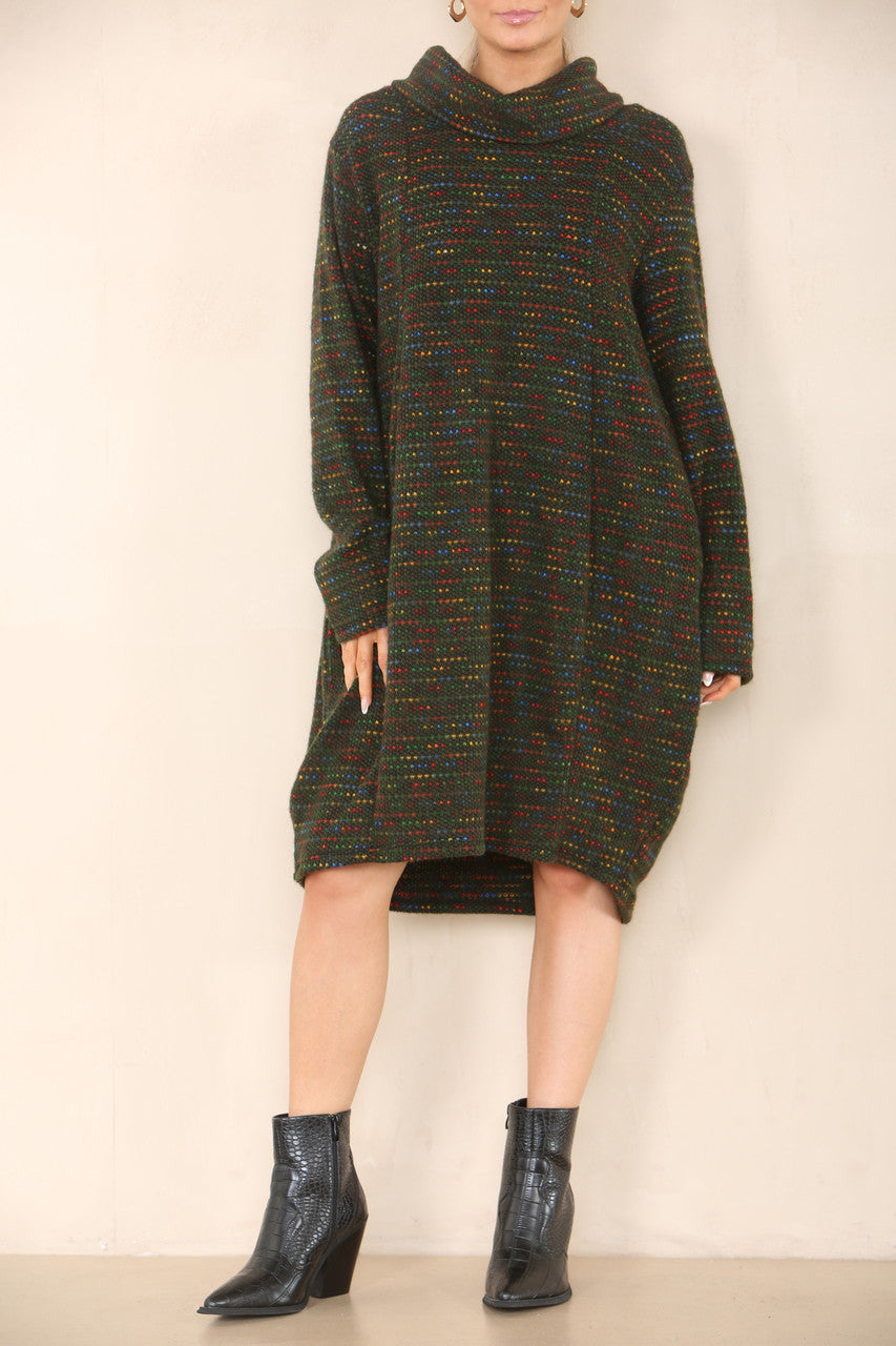 MULTICOLOURED KNIT COWL NECK TUNIC TOP DRESS KHAKI