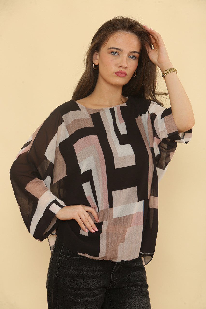 BLOUSE MET GEOMETRISCHE ABSTRACTE PRINT - ZWART