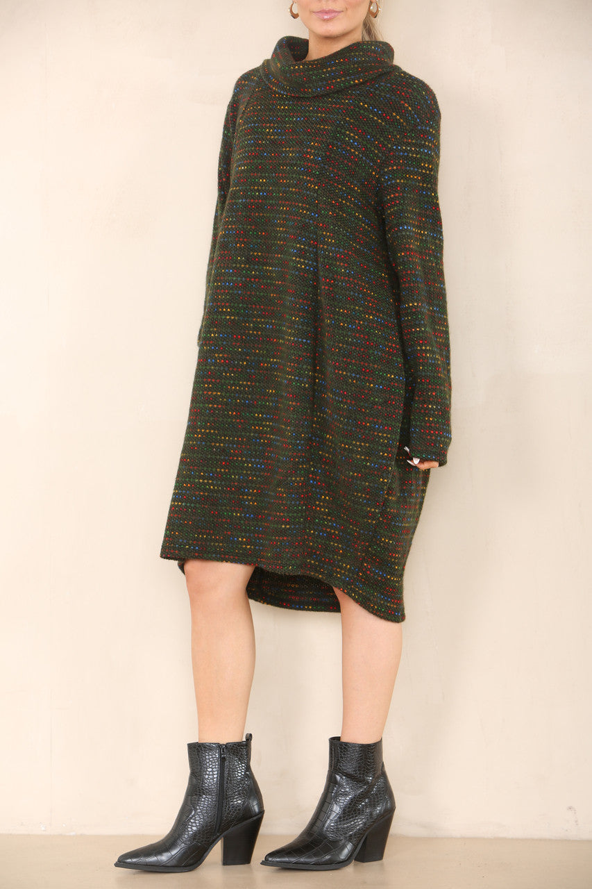 MULTICOLOURED KNIT COWL NECK TUNIC TOP DRESS KHAKI