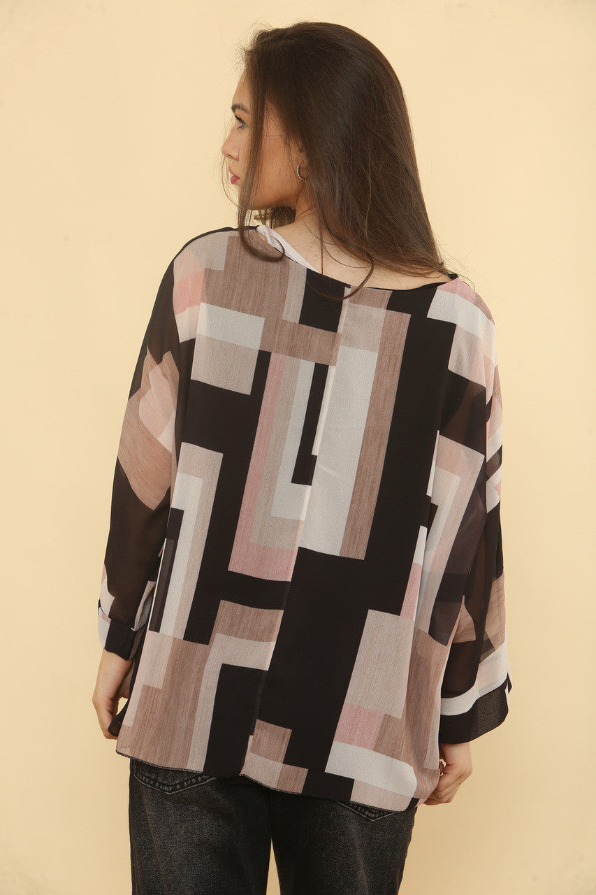 BLOUSE MET GEOMETRISCHE ABSTRACTE PRINT - ZWART