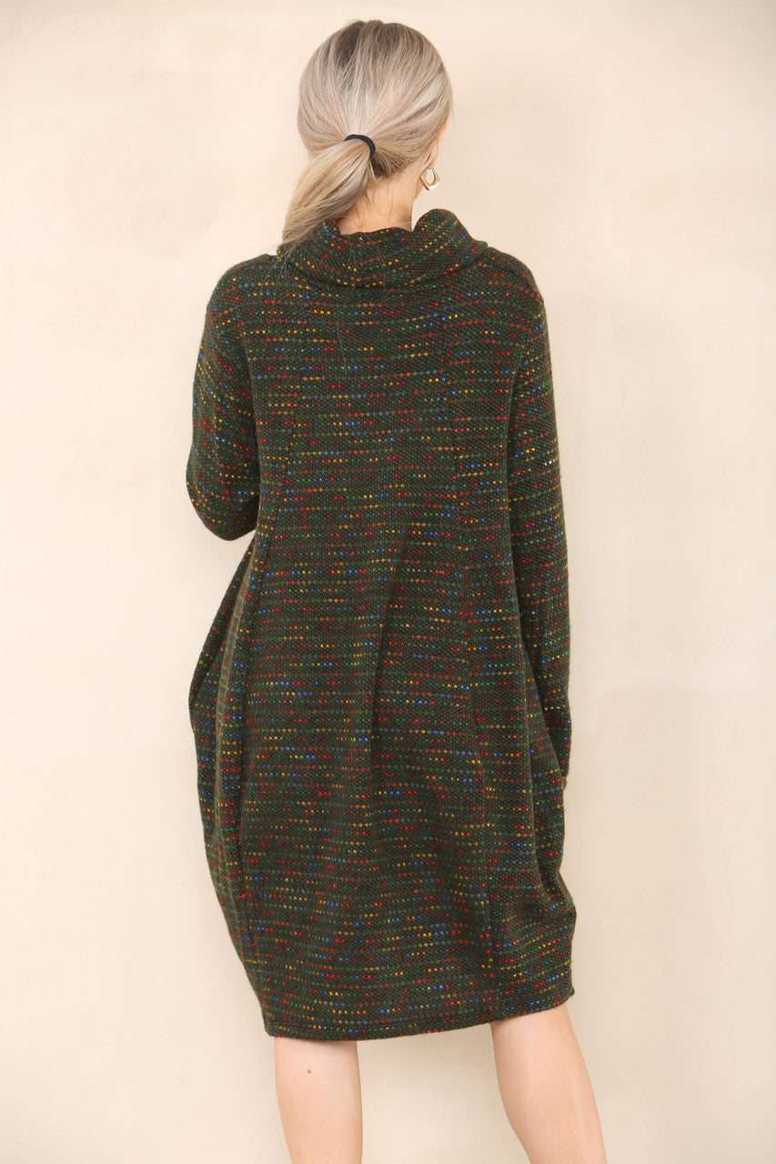 MULTICOLOURED KNIT COWL NECK TUNIC TOP DRESS KHAKI