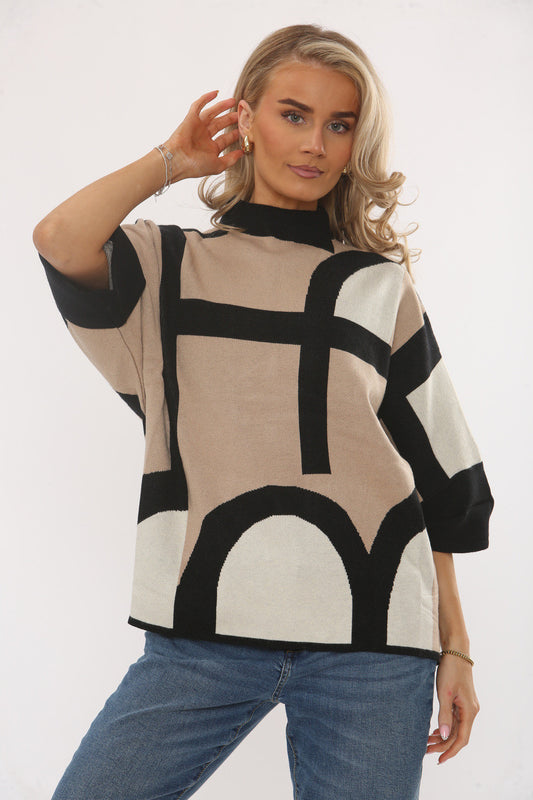 GEOMETRIC PATTERN KNIT JUMPER - CAMEL