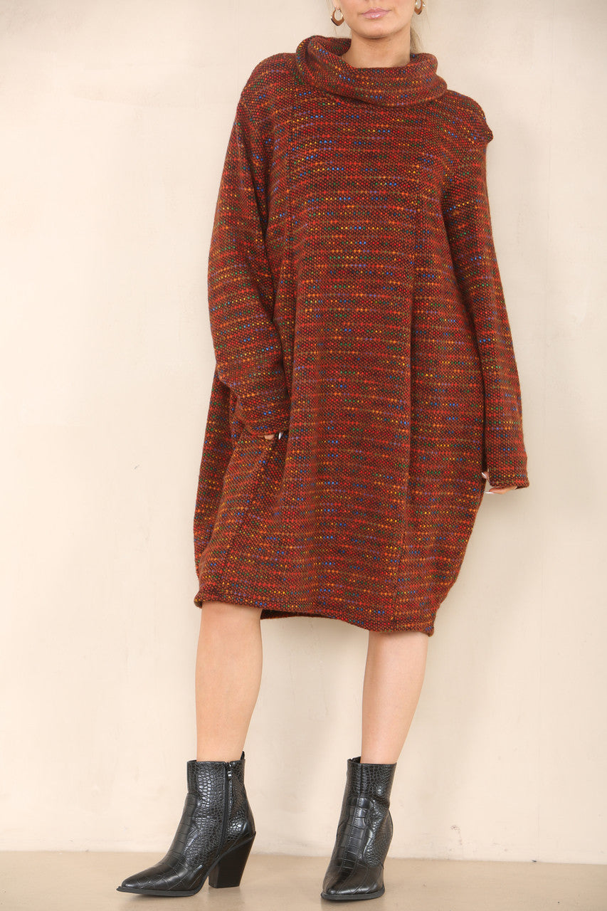 MULTICOLOURED KNIT COWL NECK TUNIC TOP DRESS RUST