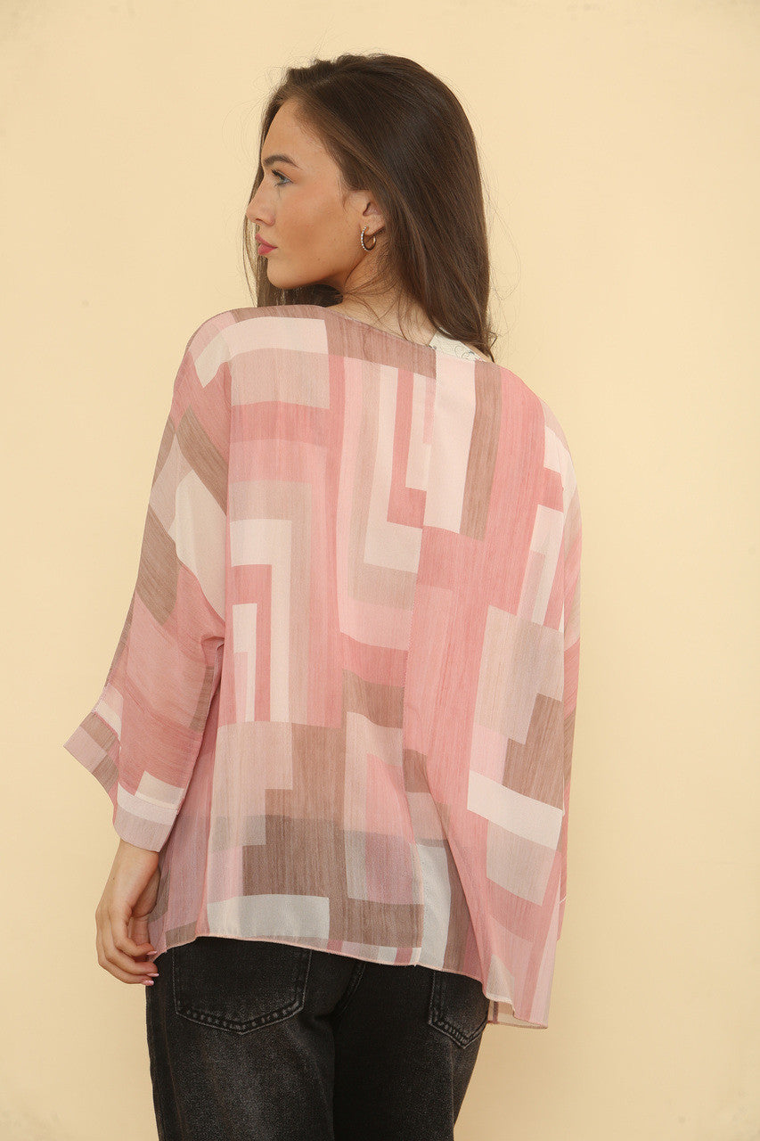 GEOMETRISCH ABSTRACTE PRINT BLOUSE - ROZE
