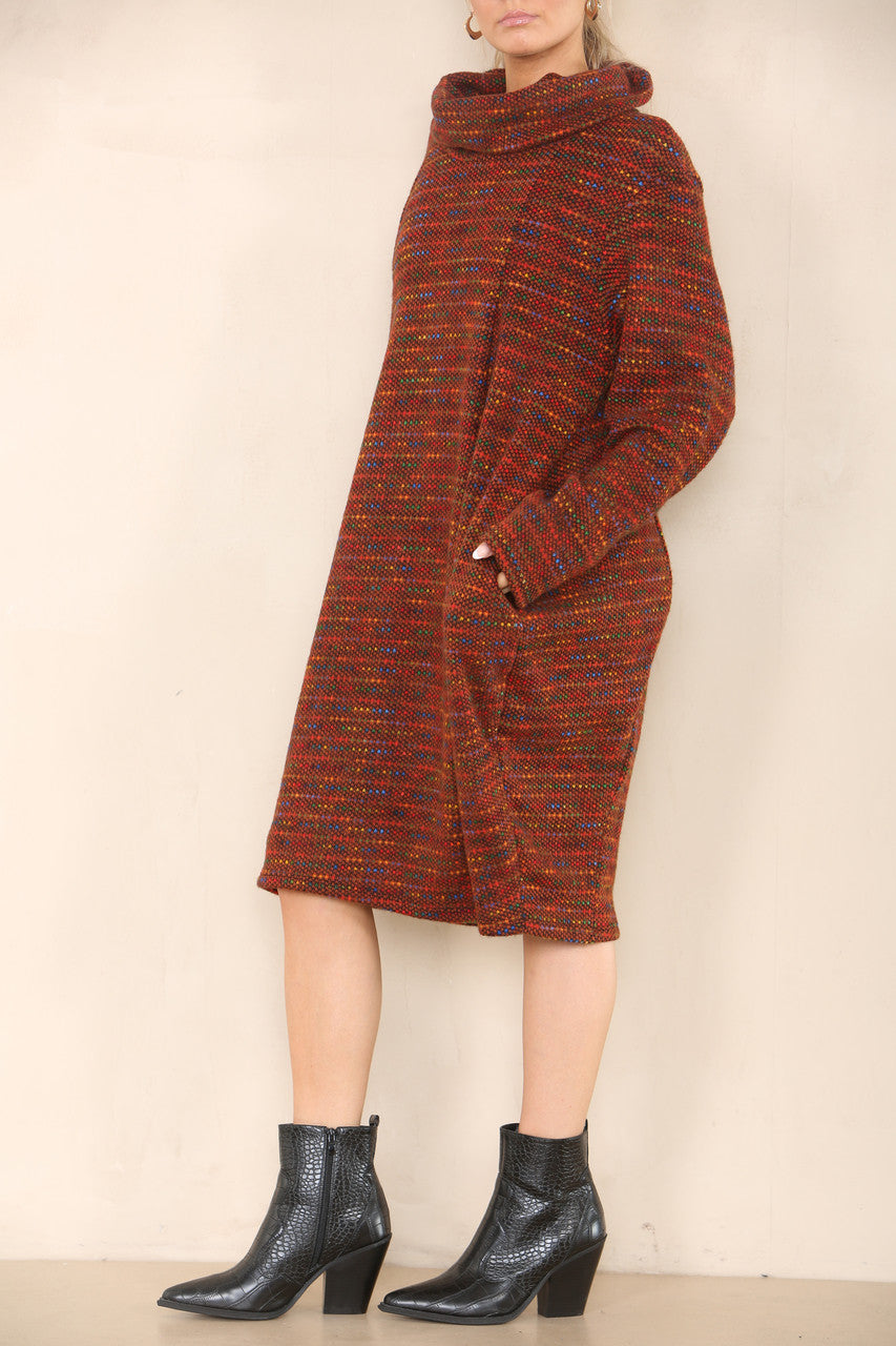 MULTICOLOURED KNIT COWL NECK TUNIC TOP DRESS RUST