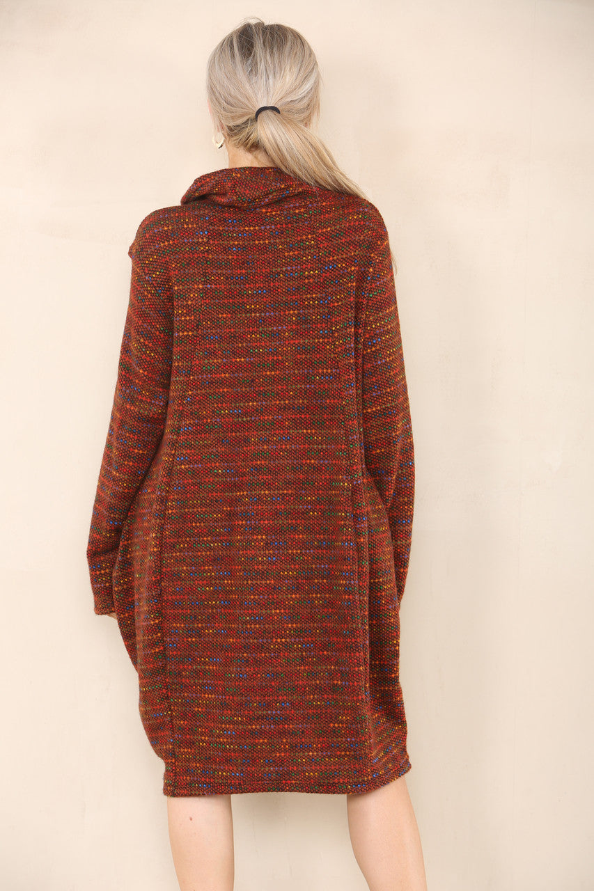MULTICOLOURED KNIT COWL NECK TUNIC TOP DRESS RUST
