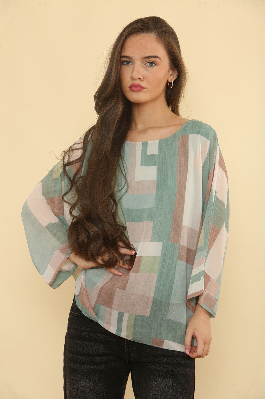 GEOMETRISCH ABSTRACTE PRINT BLOUSE - SALIEGROEN