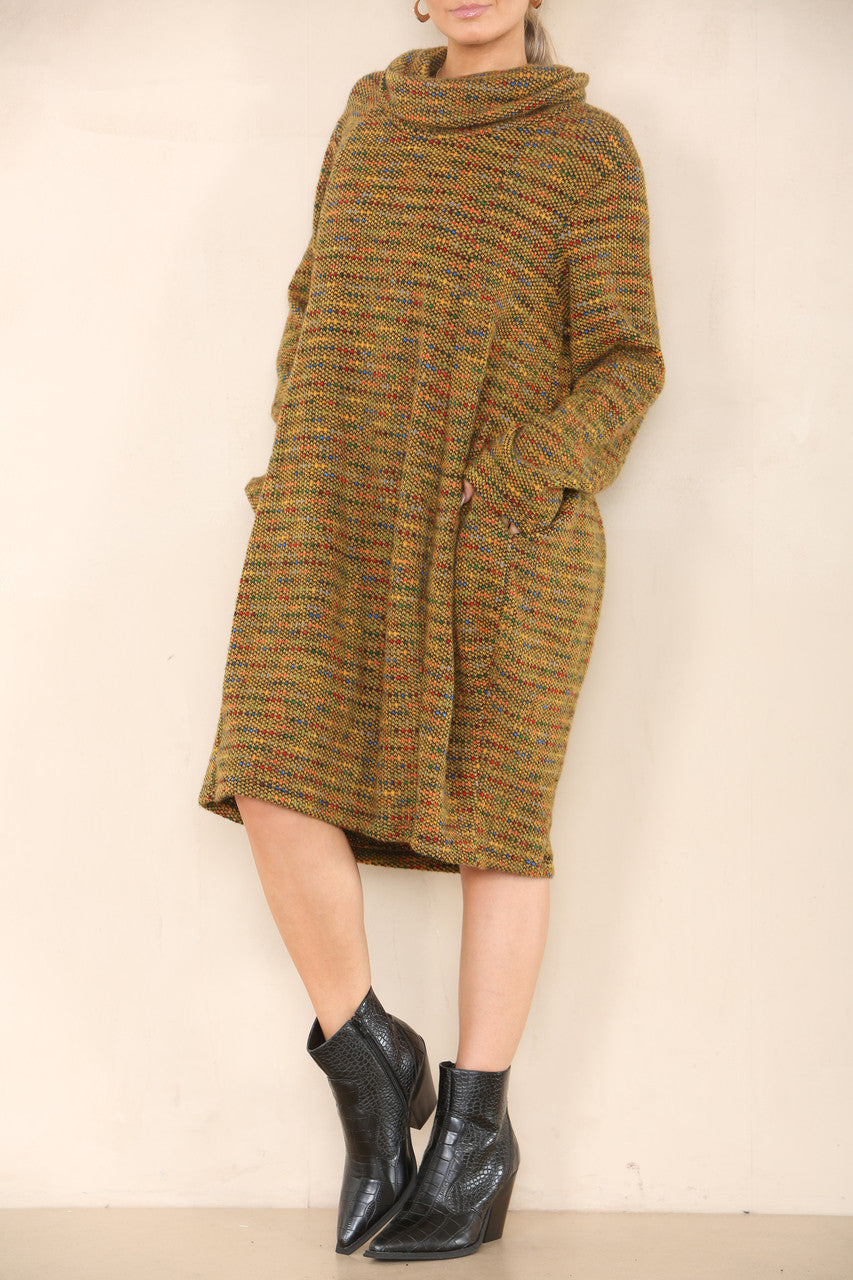 MULTICOLOURED KNIT COWL NECK TUNIC TOP DRESS MUSTARD
