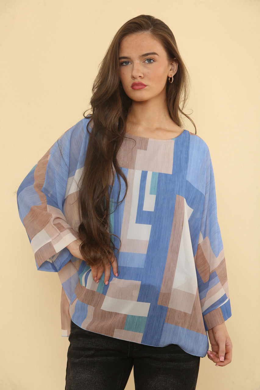 GEOMETRISCHE ABSTRACTE PRINT BLOUSE - DENIM