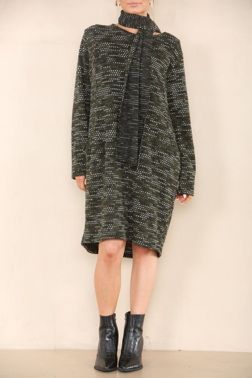 FLECK KNIT TUNIC TOP DRESS WITH SCARF KHAKI