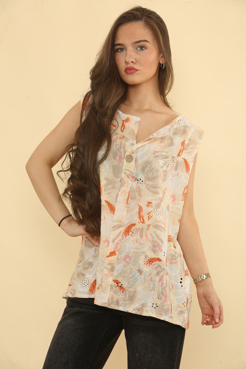 BRODERIE ANGLAISE MOUWLOZE TOP MET BLOEMENPRINT - STEEN