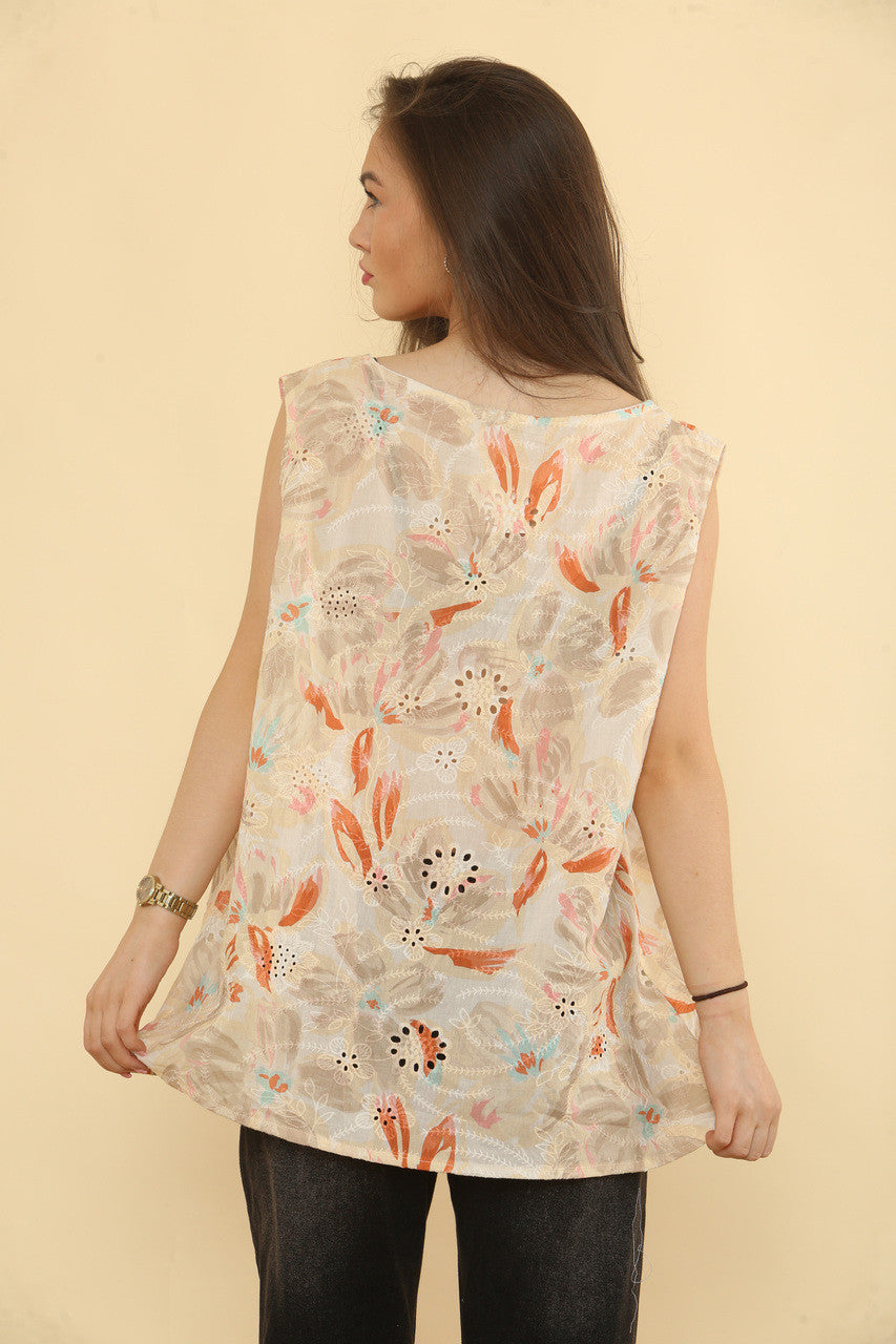 BRODERIE ANGLAISE MOUWLOZE TOP MET BLOEMENPRINT - STEEN