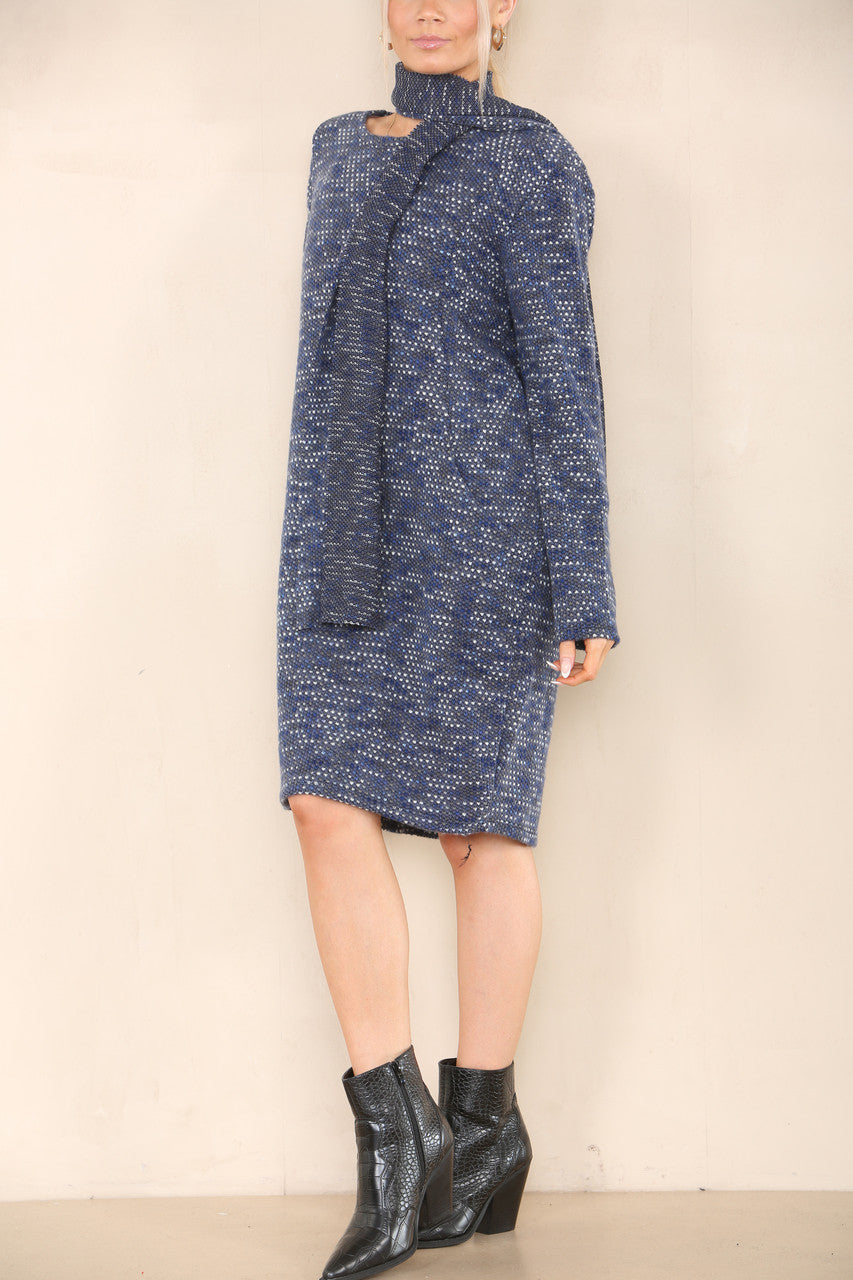 FLECK KNIT TUNIC TOP DRESS WITH SCARF DENIM