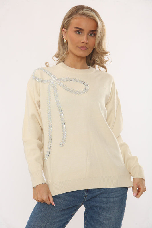 GEBORDUURDE STRIK TRUI - BEIGE