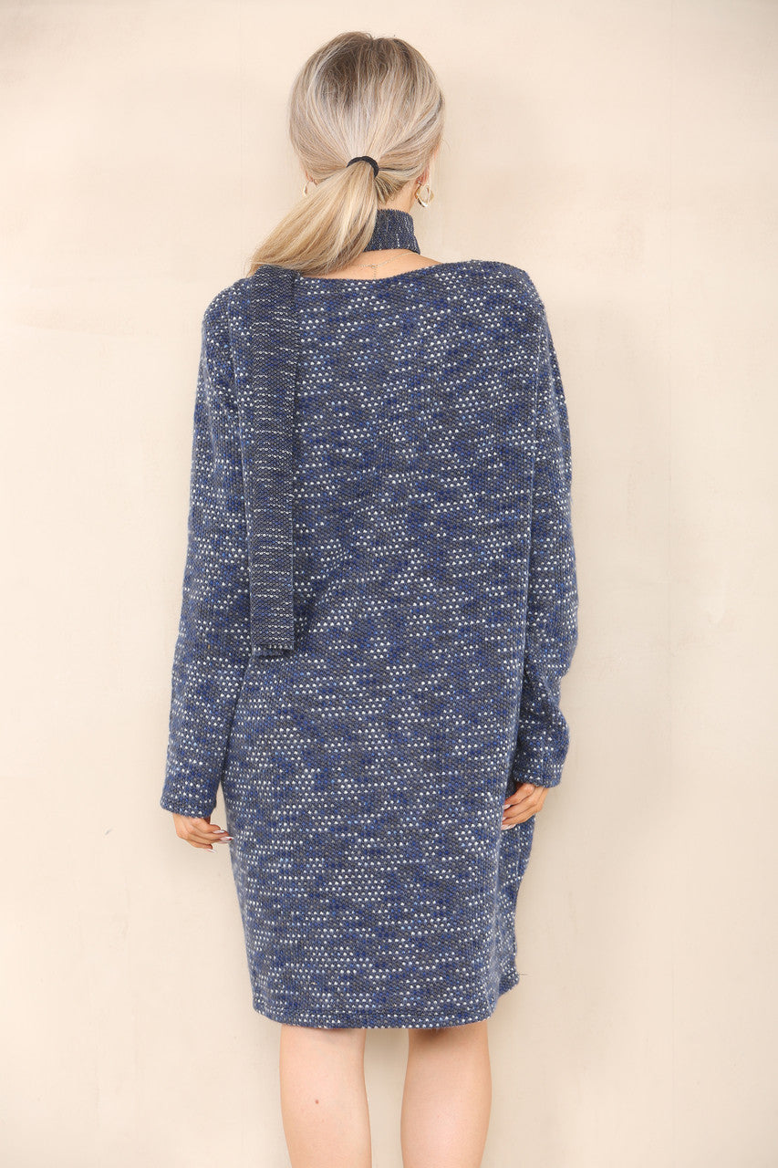FLECK KNIT TUNIC TOP DRESS WITH SCARF DENIM