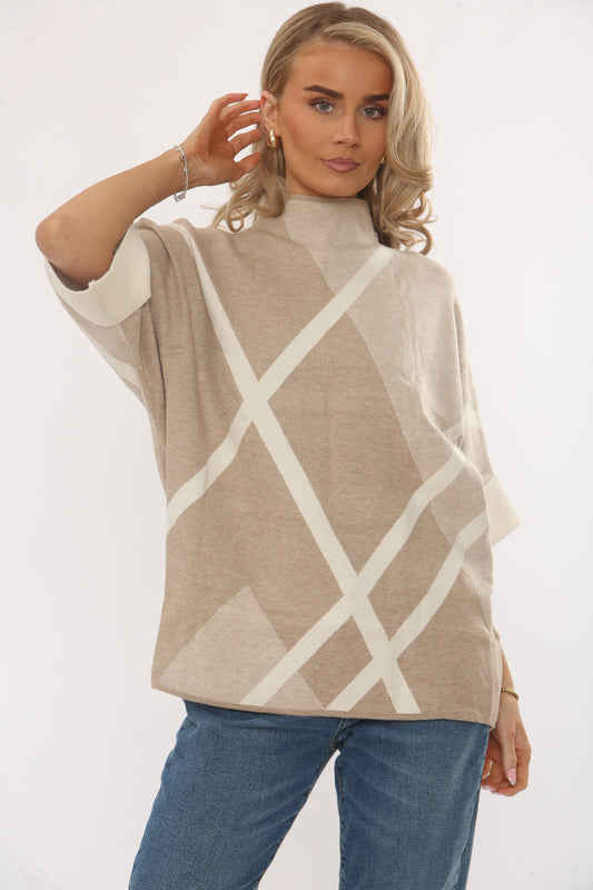 GEBREIDE TRUI MET RUITPATROON - BEIGE