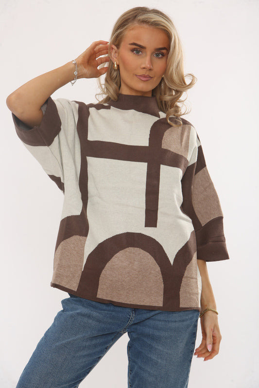 GEOMETRIC PATTERN KNIT JUMPER - COFFEE