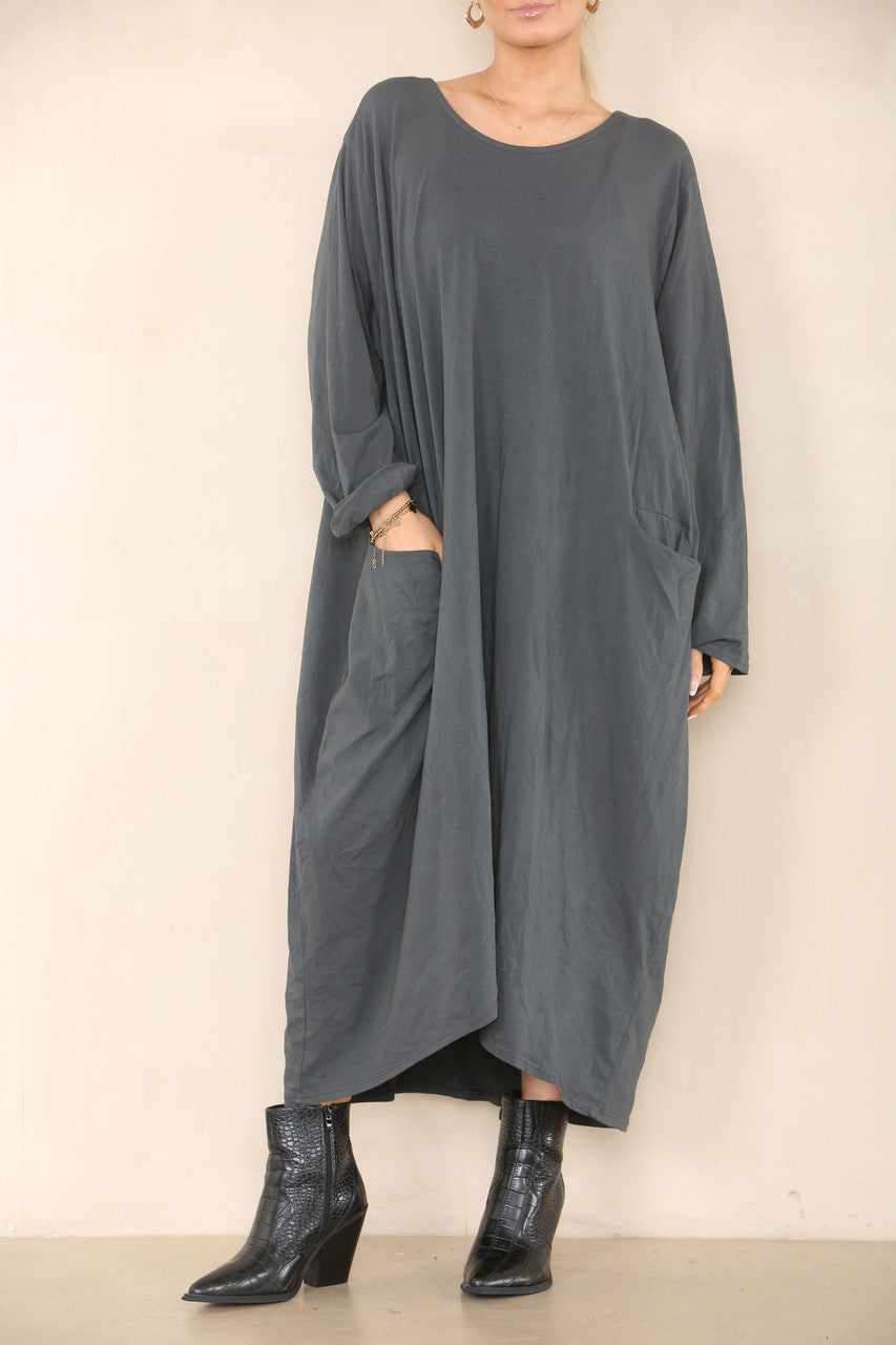 PLAIN LAGENLOOK DRESS CHARCOAL