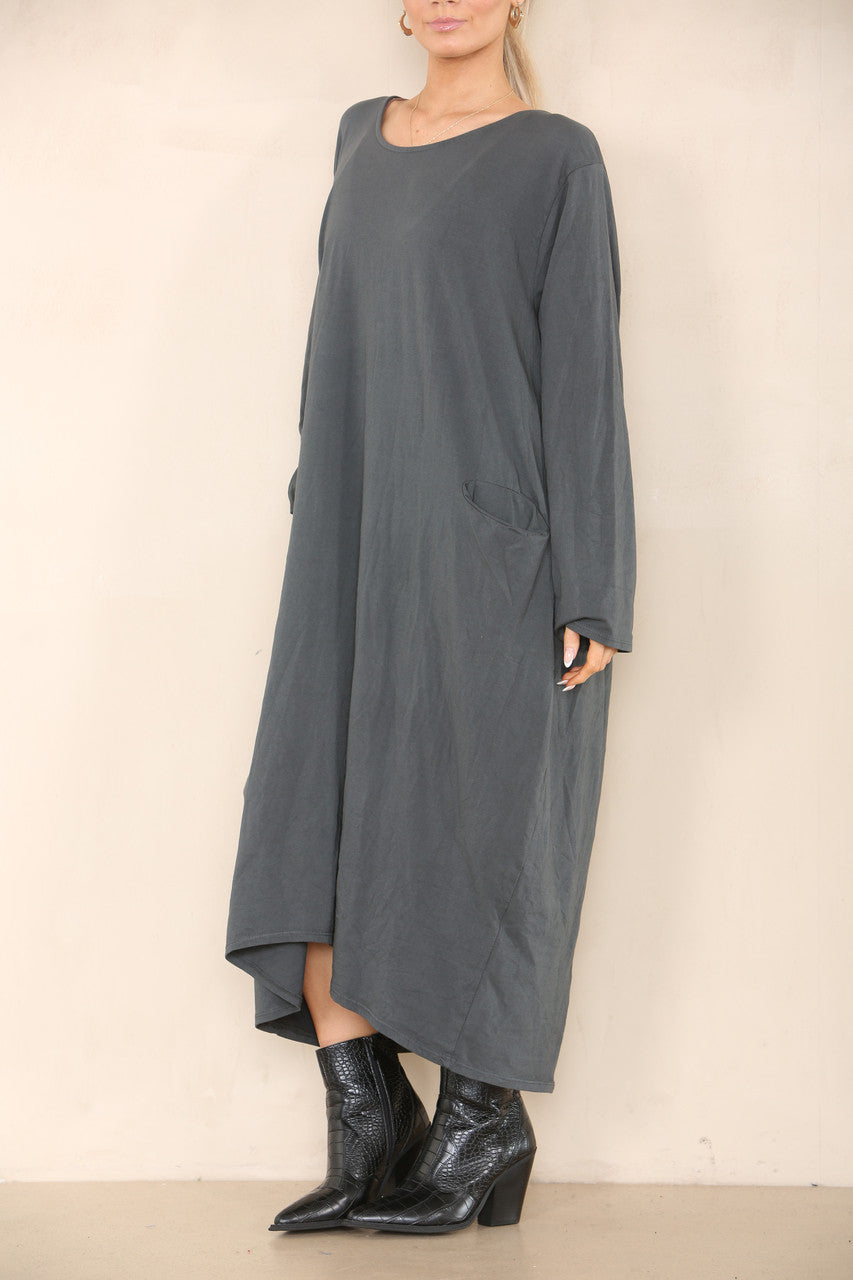 PLAIN LAGENLOOK DRESS CHARCOAL