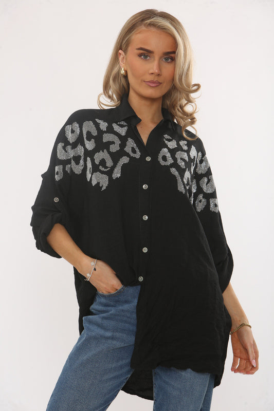 DIAMANTE LEOPARD SHOULDER BUTTON-UP BLOUSE - BLACK
