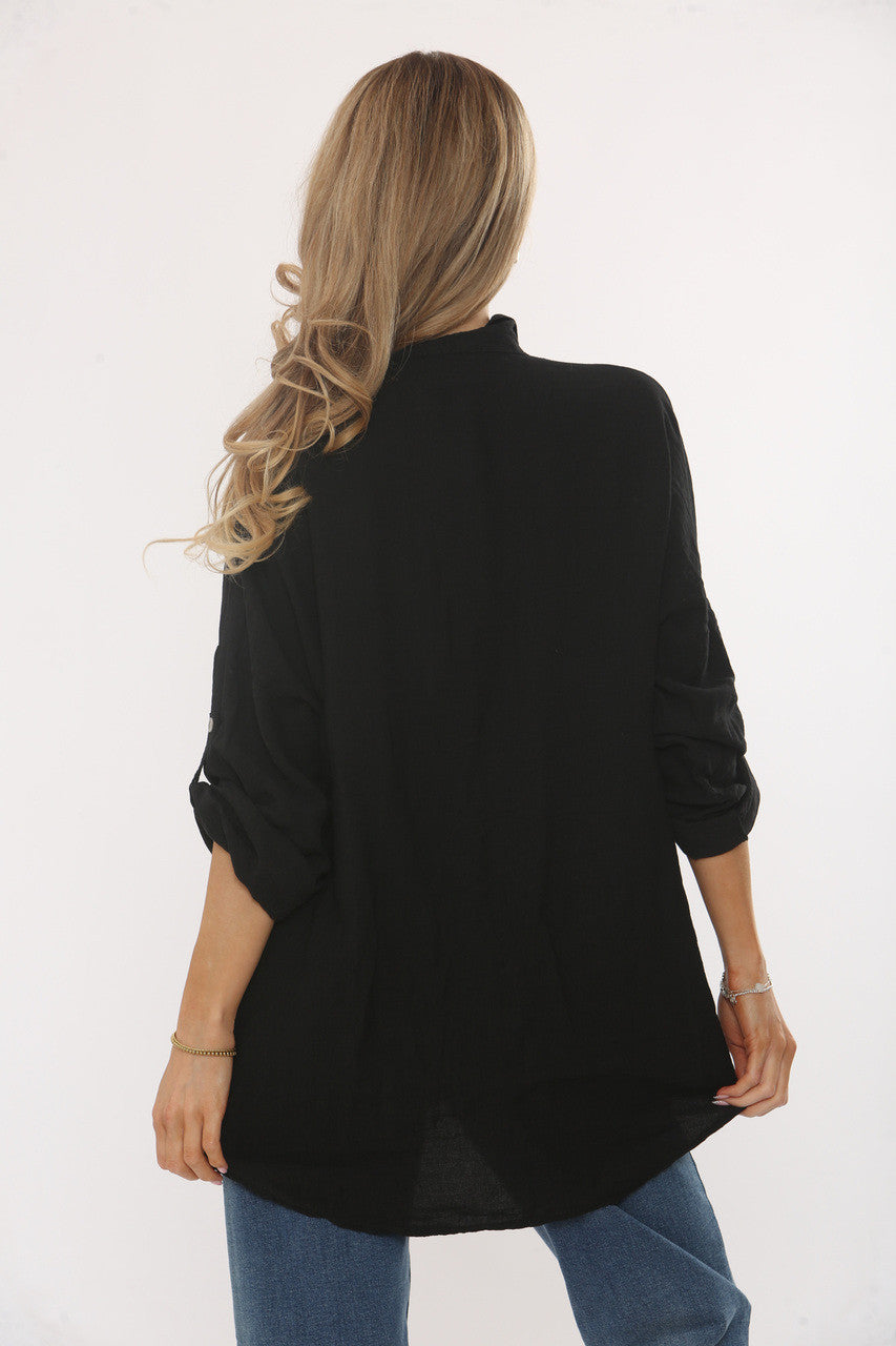 DIAMANTE LUIPAARD SCHOUDERKNOPENBLOUSE - ZWART