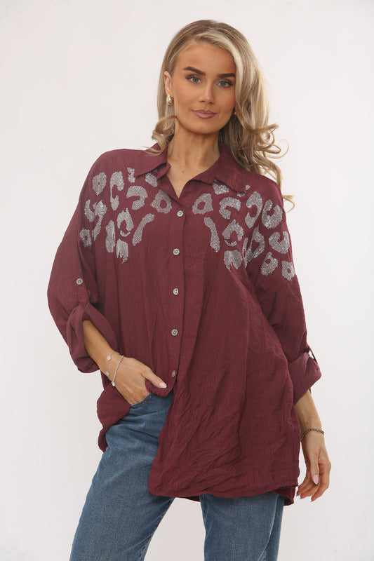 DIAMANTE LEOPARD SHOULDER BUTTON-UP BLOUSE - BURGUNDY