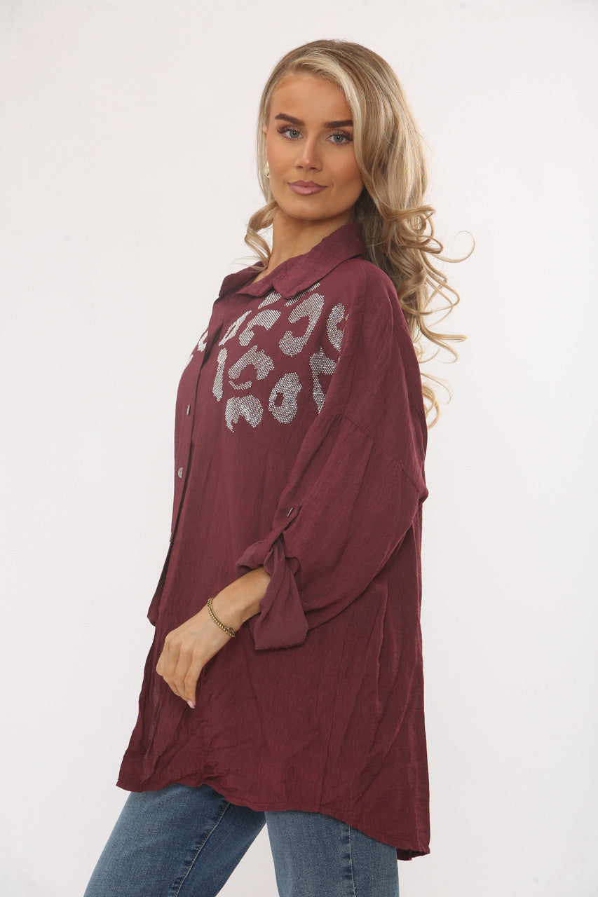 DIAMANTE LEOPARD SHOULDER BUTTON-UP BLOUSE - BURGUNDY