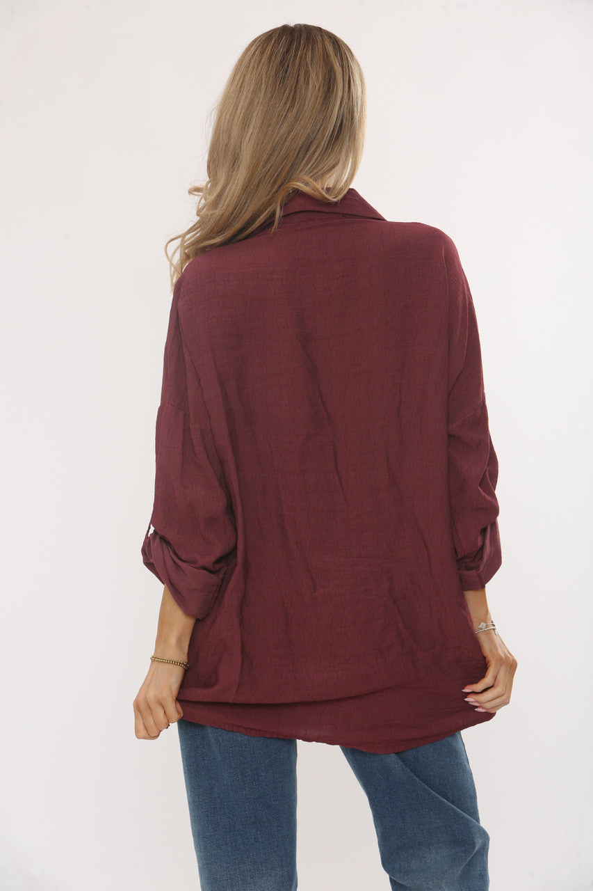 DIAMANTE LEOPARD SHOULDER BUTTON-UP BLOUSE - BURGUNDY