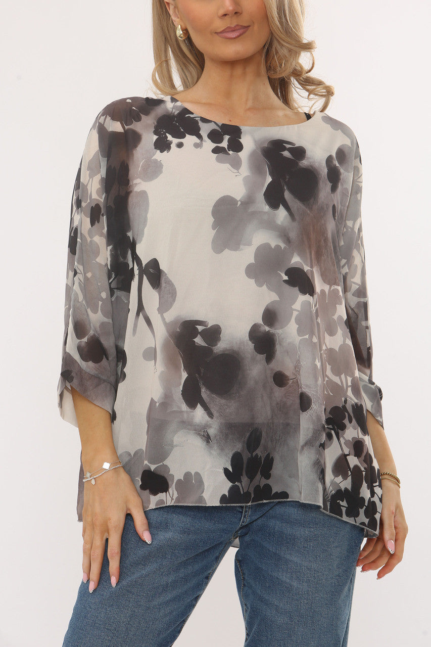 BLOUSE MET ABSTRACTE BLAD SILHOUETTEN PRINT GRIJS