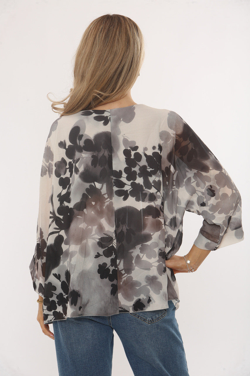 BLOUSE MET ABSTRACTE BLAD SILHOUETTEN PRINT GRIJS