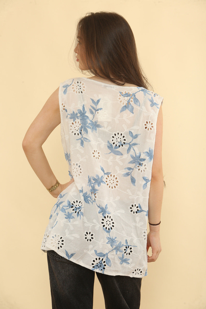 BRODERIE ANGLAISE IVY MOUWLOZE TOP MET PRINT - DENIM